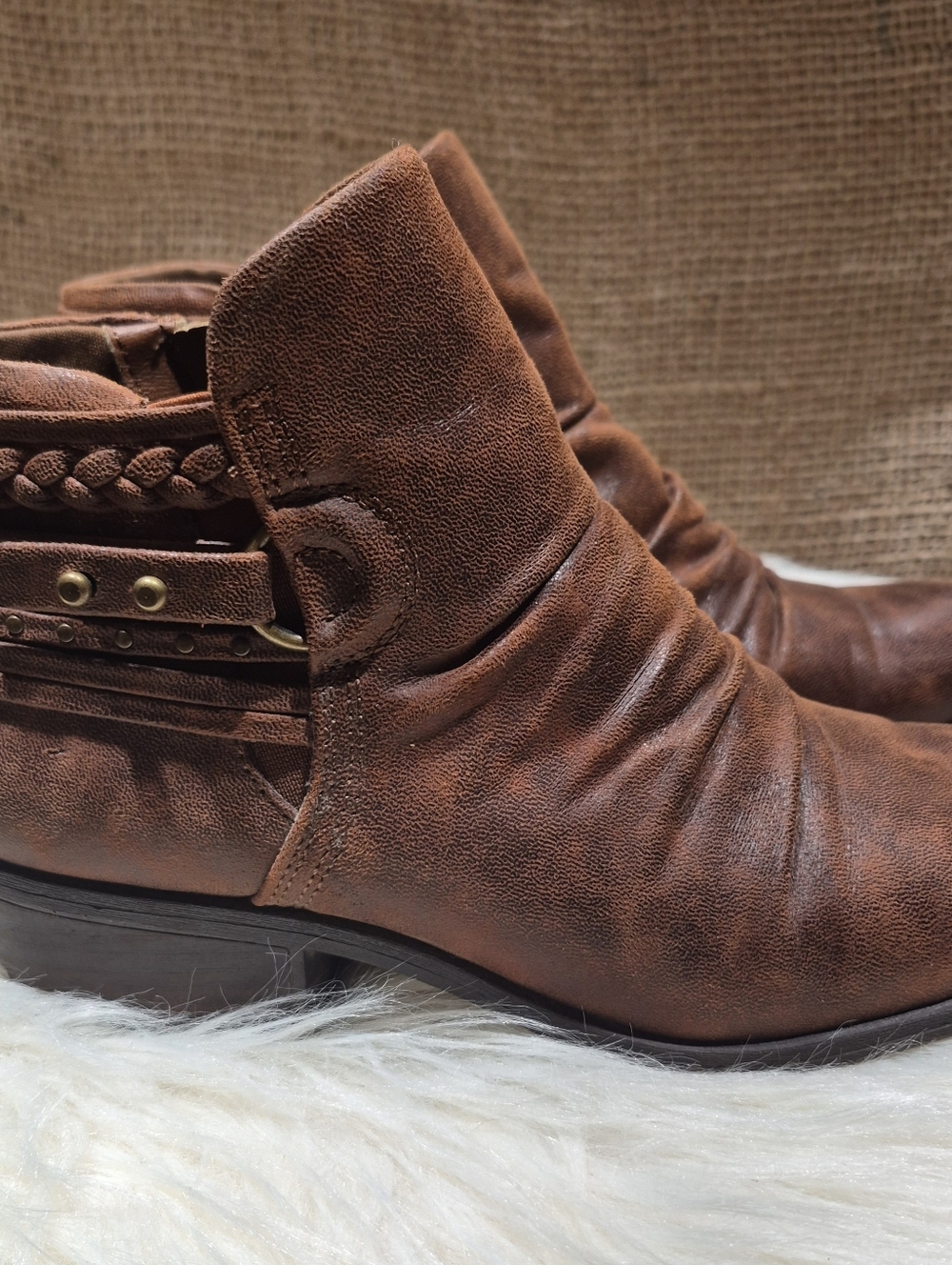 BareTraps Brown Faux Leather Ankle Boots with Braided Strap 7.5M